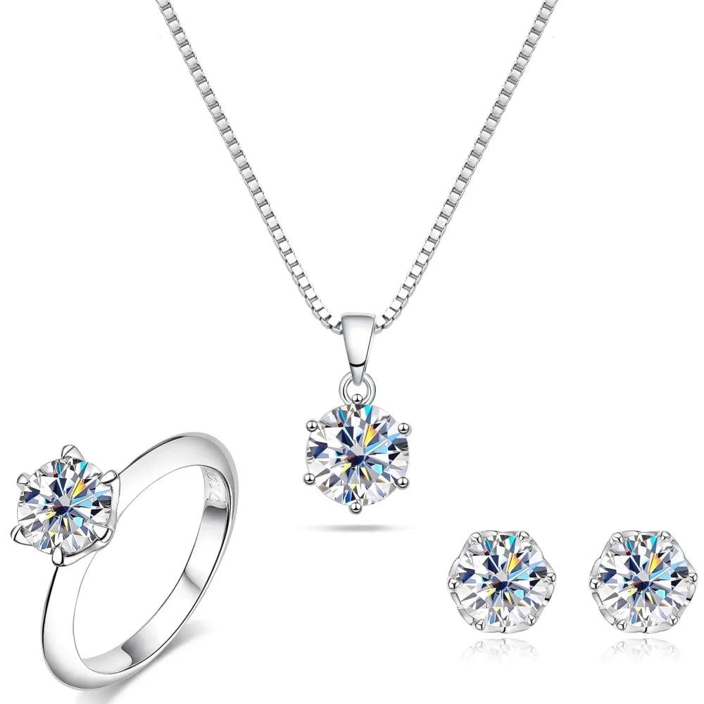 Moissanite סט טבעת עגילים ושרשרת עיגול יוקרה 