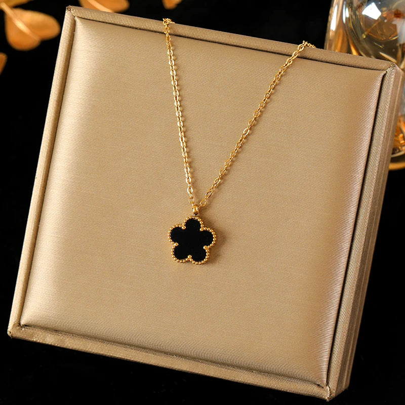 316L Stainless Steel Black Five Leaf Clover Pendant Necklace for Women Fashion New Party Gift Neck Chain Jewelry Collar
