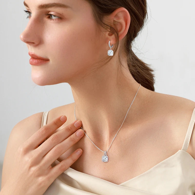  Moissanite סט שרשרת ועגילי ריבוע יוקרתיים