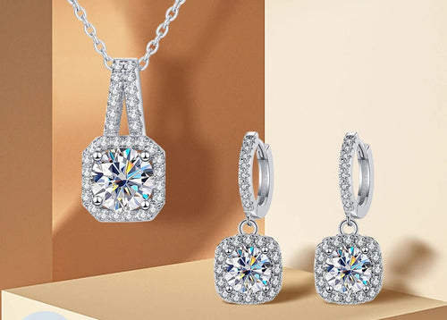 Moissanite סט שרשרת ועגילי ריבוע יוקרתיים