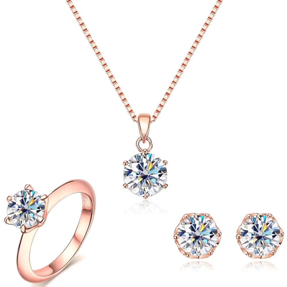 Moissanite סט טבעת עגילים ושרשרת עיגול יוקרה 