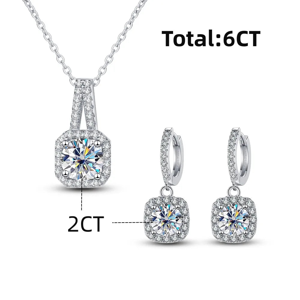  Moissanite סט שרשרת ועגילי ריבוע יוקרתיים
