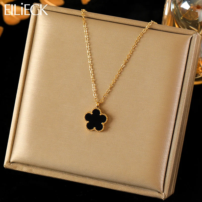 316L Stainless Steel Black Five Leaf Clover Pendant Necklace for Women Fashion New Party Gift Neck Chain Jewelry Collar