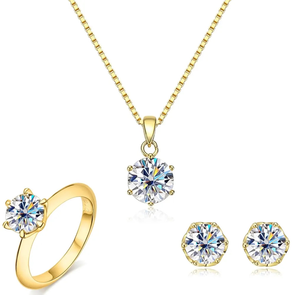 Moissanite סט טבעת עגילים ושרשרת עיגול יוקרה 