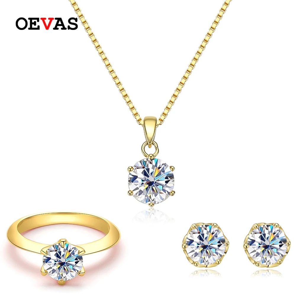 Moissanite סט טבעת עגילים ושרשרת עיגול יוקרה 
